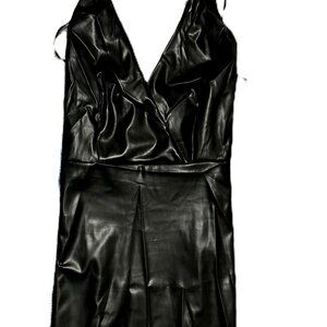 Sexy PU Low Cut V-neck Solid Color Halter Dress